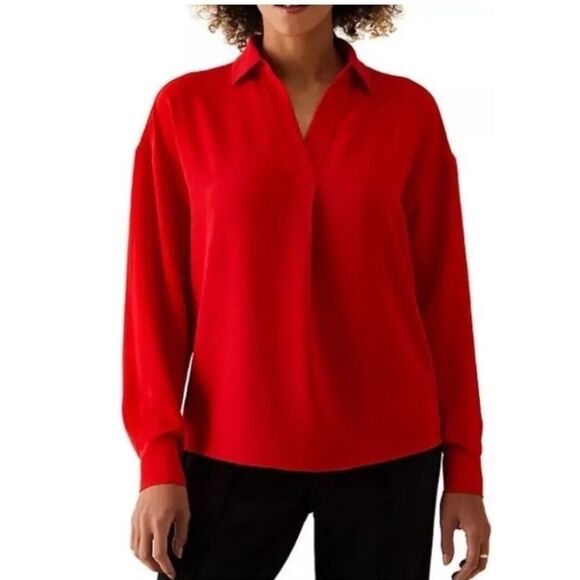 NEW Rafaella Red Collared V-Neck Long Sleeve Popover Blouse Size XL - Picture 1 of 9